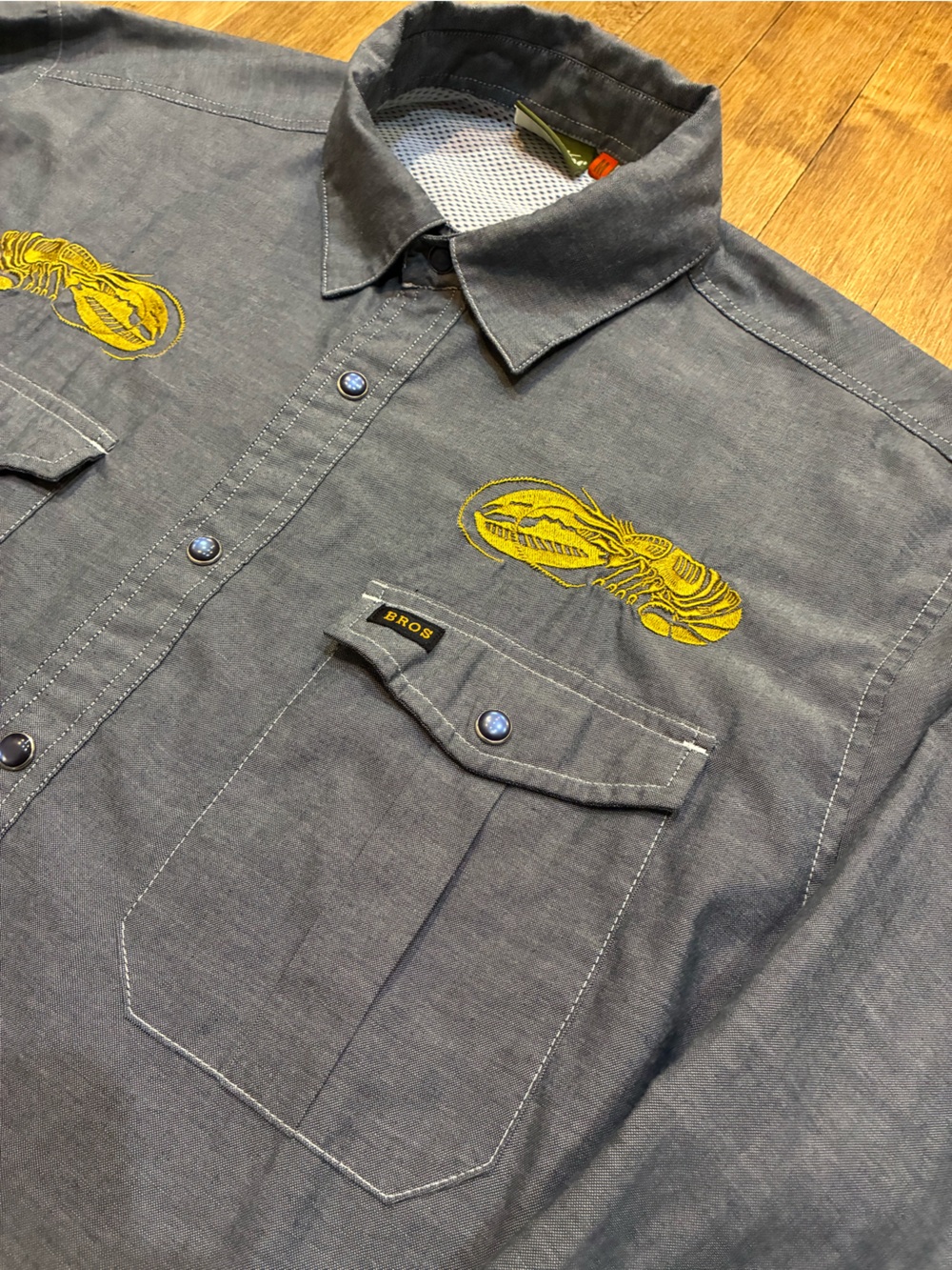 Howler Brothers - LOBSTER Gaucho Gray Button Down Shirt w/ Yellow Embroidery MED